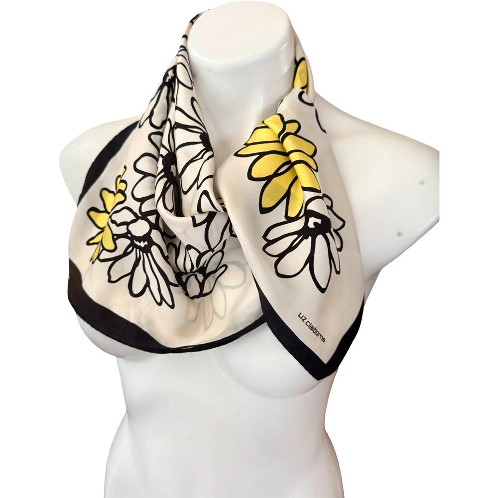 Vintage Liz Claiborne 90s Silk Daisy Print Scarf Black White Yellow 26 Inch - Picture 5 of 14